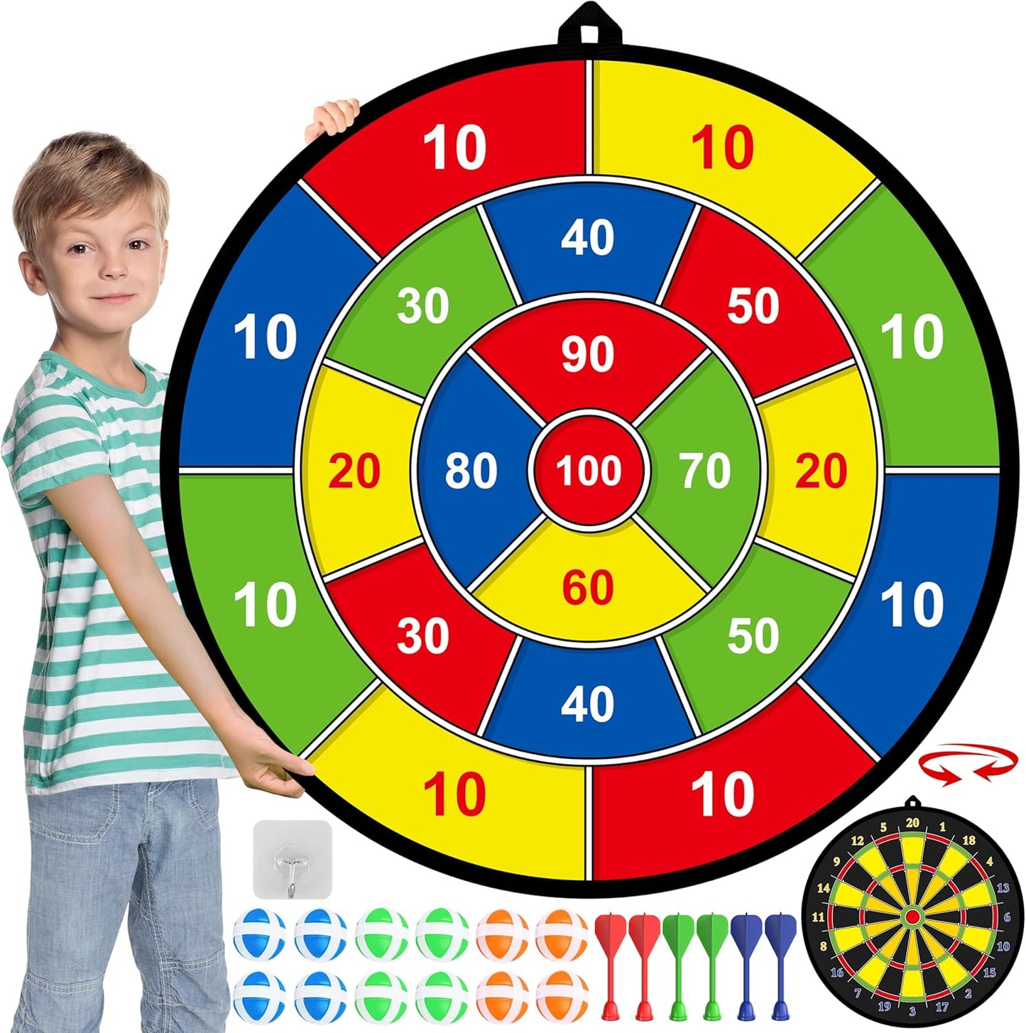 Skiennix Large Double-Sided Dart Board - Fun Indoor/Outdoor Game for Kids Ages 3-12 with Sticky Balls & Darts