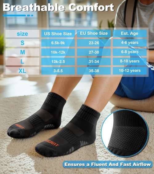 Bigant Kids Ankle Socks Cushioned Athletic Quarter Socks for Boys Girls Youth School Sports Seamless Toe Arch Support 6 Pairs (Black,X-Large)