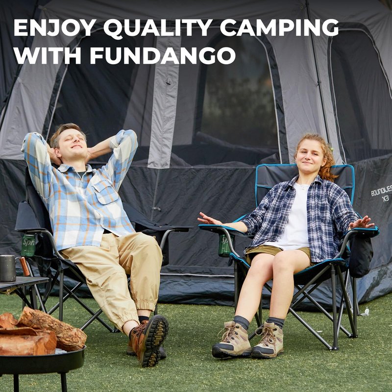 FUNDANGO Oversized Camping Chair for Adults, Heavy Duty Portable Foldable Lawn Chair with Padded Seat & Back, Lumbar Support, 4-can Cooler & Cup Holder, Carry Bag Included for Outdoor