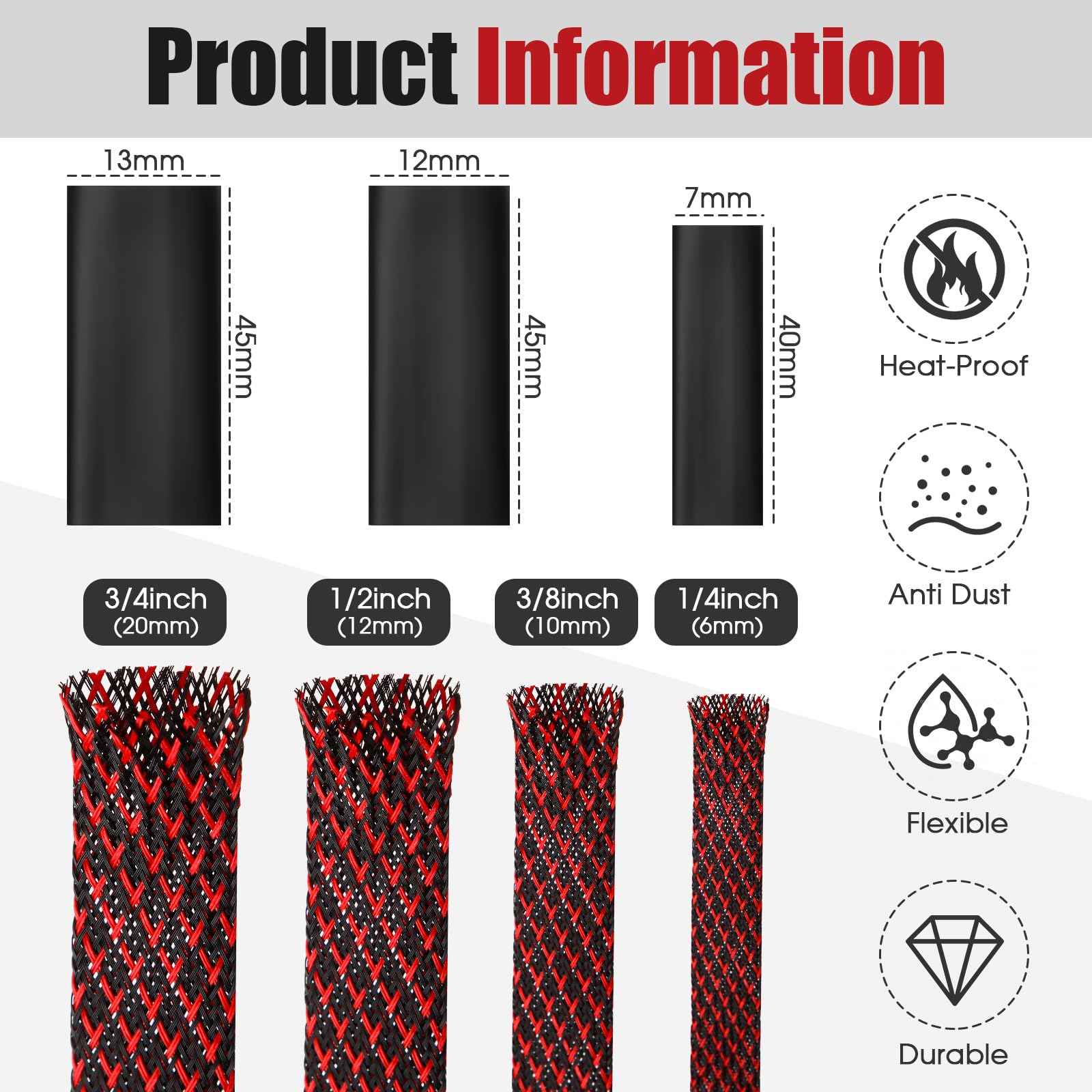 Tatuo 65.6 ft Expandable Braided Cable Sleeve Multi Size Braided Wire Sleeve with 120 Pcs Heat Shrink Tubing for Television Audio Computer Cables Video Pets,1/4 in,2/5 in,1/2 in,3/4 in(Red, Black)