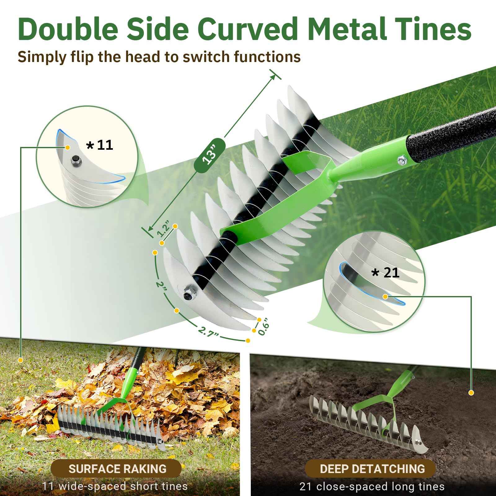 Thatch Rake, 13" Wide Efficient Dethatcher Rake with 55" Adjustable Long Handle, Heavy Duty Steel Metal Dethatching Rakes for Cleaning Dead Grass, Loosening Soil, Lawn Care in Yard Garden