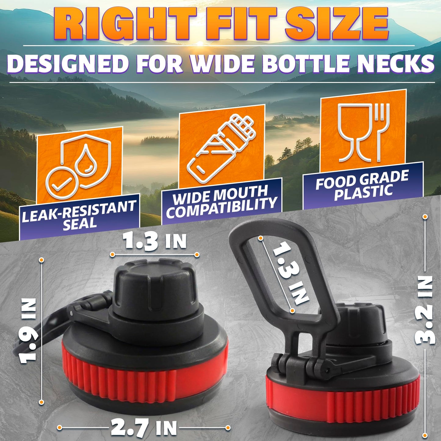 Oskal Water Bottle Lid Replacement, 3 Pcs, for 12–64 oz Bottles, Wide Mouth