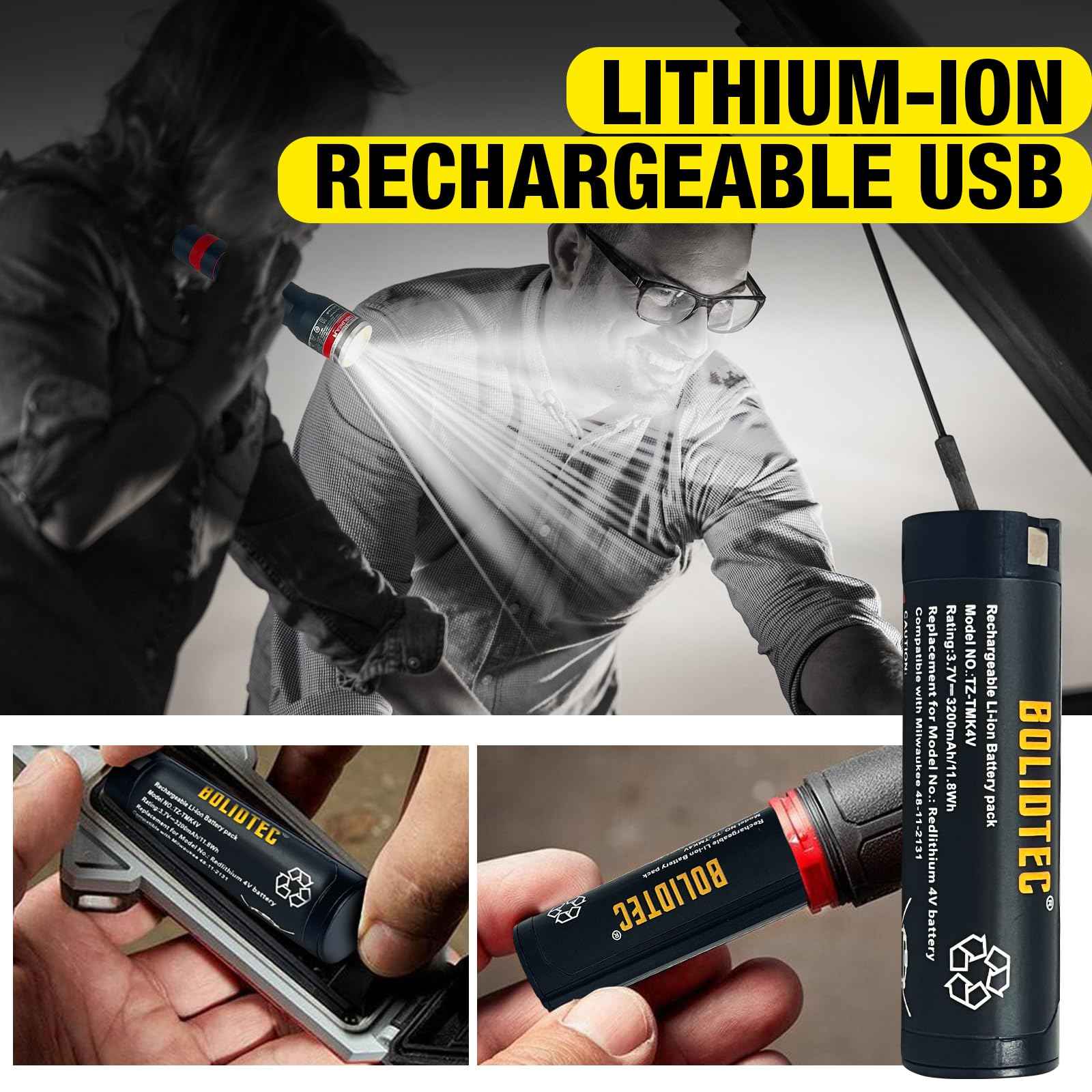 BolidTec 4V 3200mAh Replacement Battery Compatible with Milwaukee 4V USB Battery REDLITHIUM headlamp Flashlight and Other Milwaukee Tools 48-11-2131