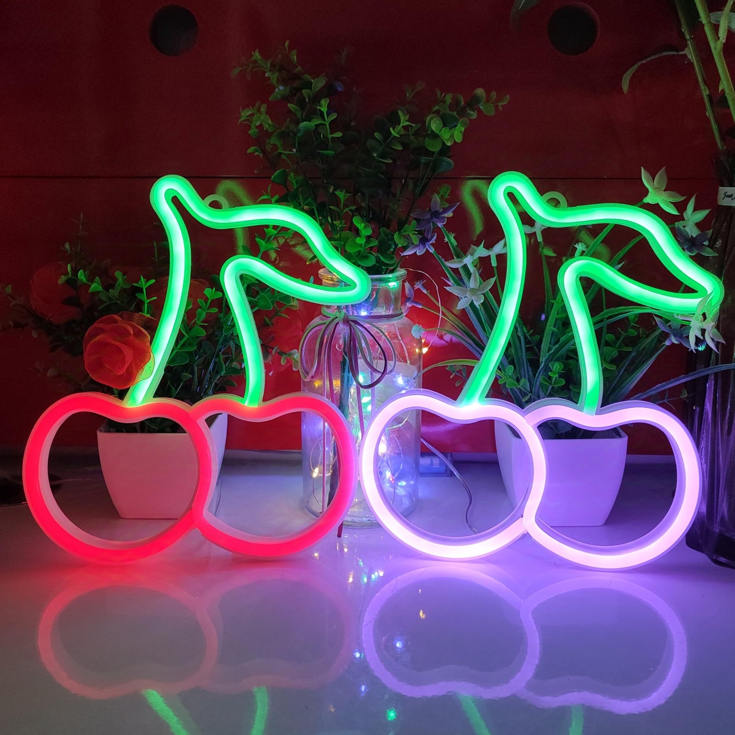 JYWJ Cherry Neon Sign,USB or 3-AA Battery Powered Neon Light,LED Table Decoration,Bedroom Wall Decoration,Birthday Gift,Wedding Supplies Business Gift(Green+Pink)