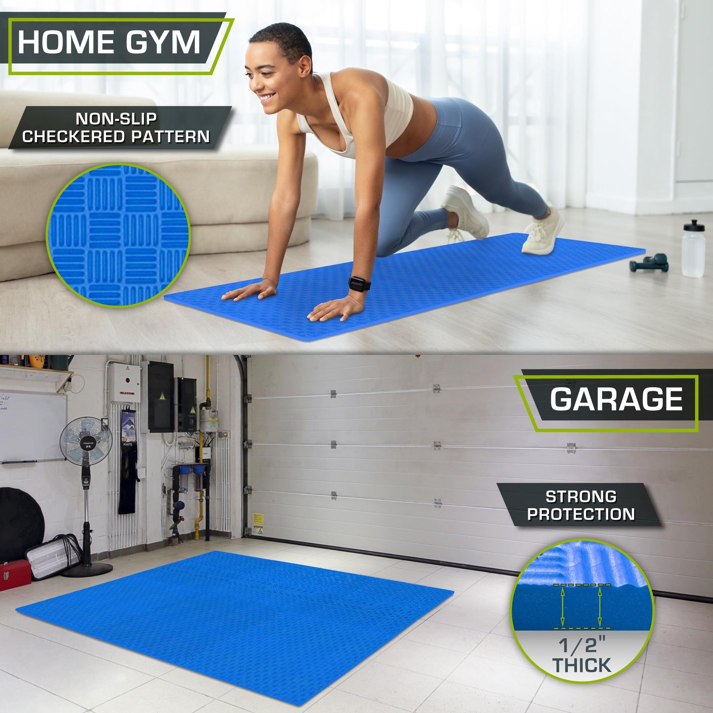ProsourceFit Exercise Puzzle Mat ½-inch, Checkered EVA Foam Floor Tiles w/ Non-Slip Texture, Interlocking Design for Adjustable Gym Surfaces, Shock Absorbing, Blue, 24 Sq Ft - 6 Tiles