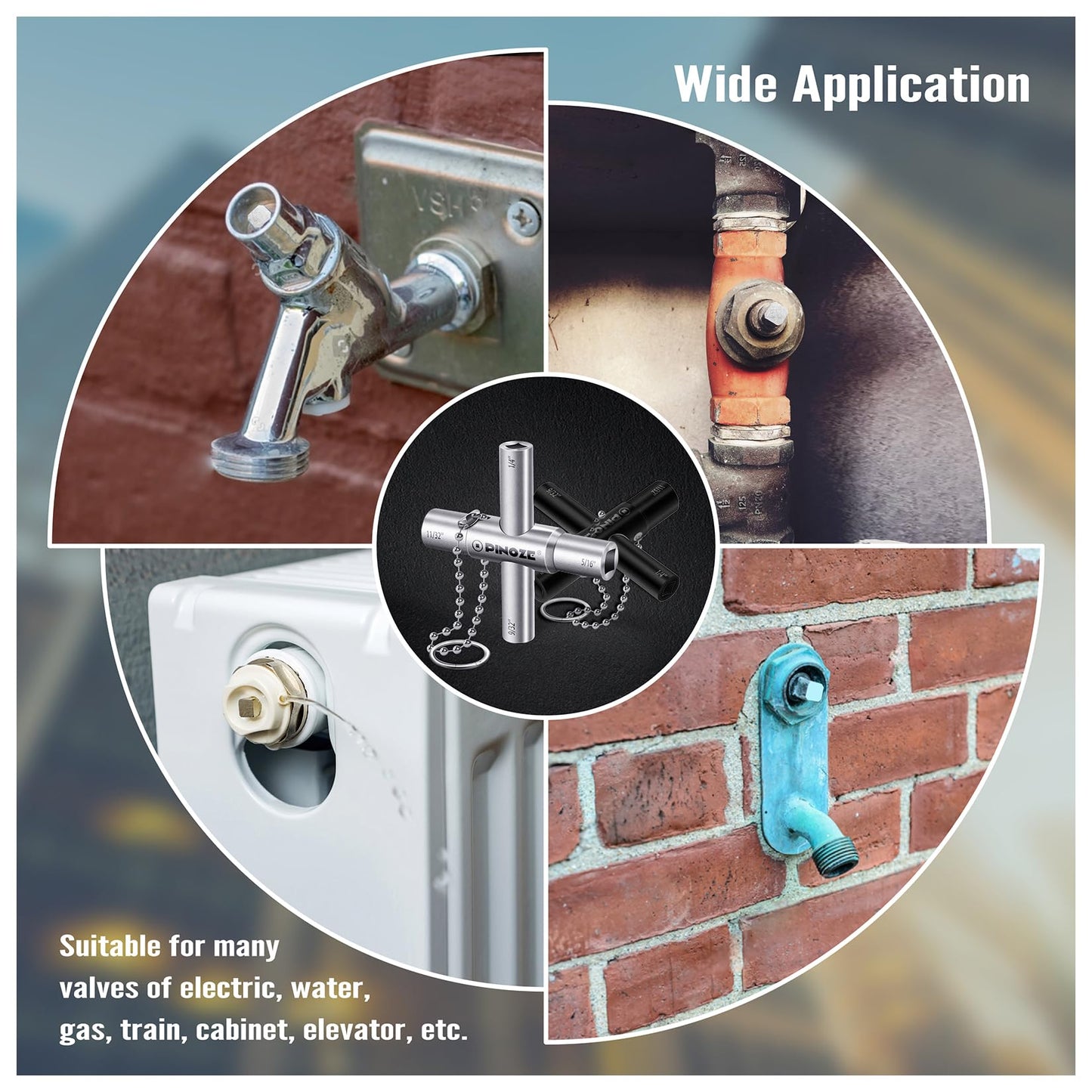 Pinoze 4 Way Sillcock Water Key, 1/4", 9/32", 5/16", 11/32", 2-Pack Steel Multi-Function Utility Key with Keychain for Sillcocks Faucets Valves Spigots, Silver & Black