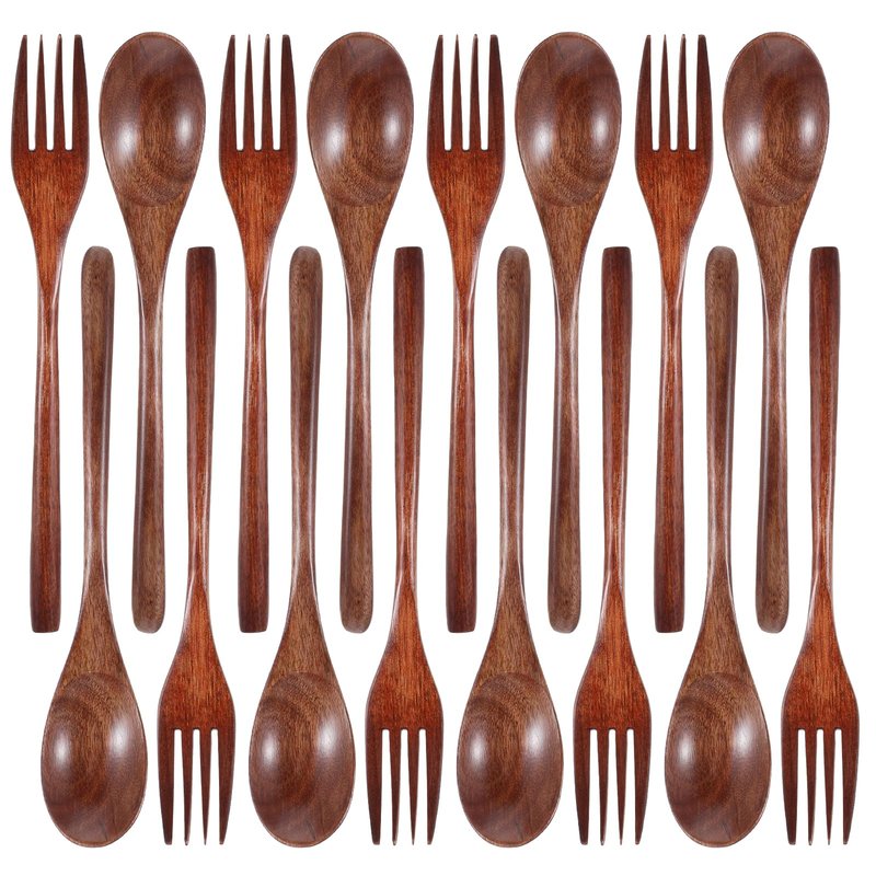cobee Wooden Spoon and Fork for Eating,8Pcs Wood Dinner Utensil Set Handmade Reusable Kitchen Wooden Flatware Tableware Cutlery Set for Stirring Cooking Camping Party 9 Inch