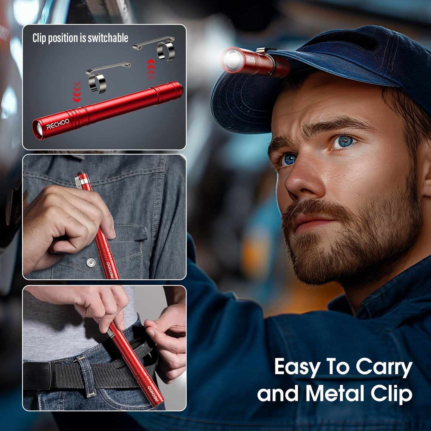 RECHOO LED Pen Light 4 Pack, Lightweight, Small Bright Pen Flashlight with Clip, Waterproof Portable Pocket Flashlight for Home, Emergencies, Inspection, Red (Battery Included)