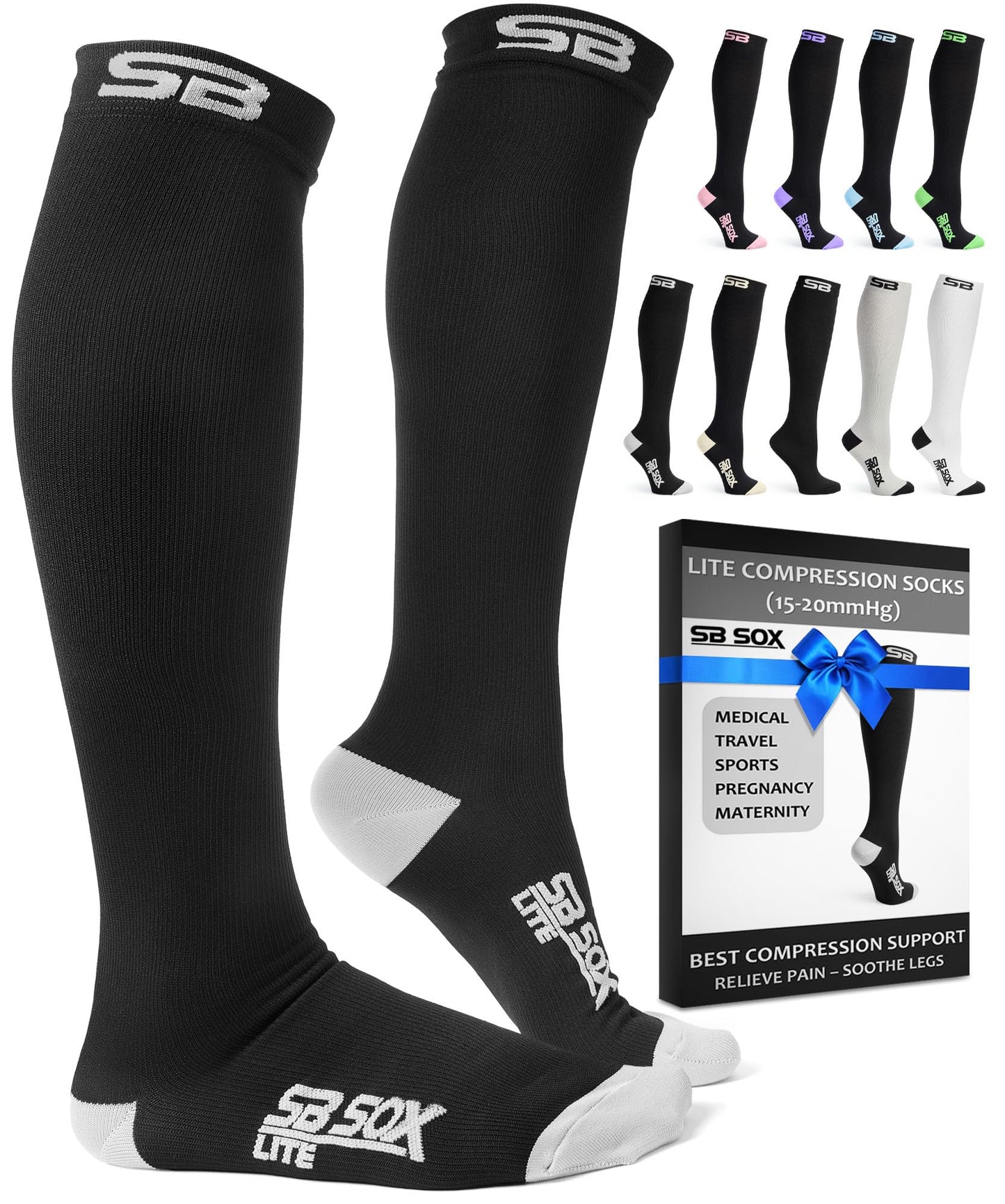 SB SOX Lite Compression Socks for Men & Women (15-20mmHg) – Best Compression Socks for Flying, Medical, Sports, Wide Calf Fit, and Daily Wear (Black/Gray, XXL)
