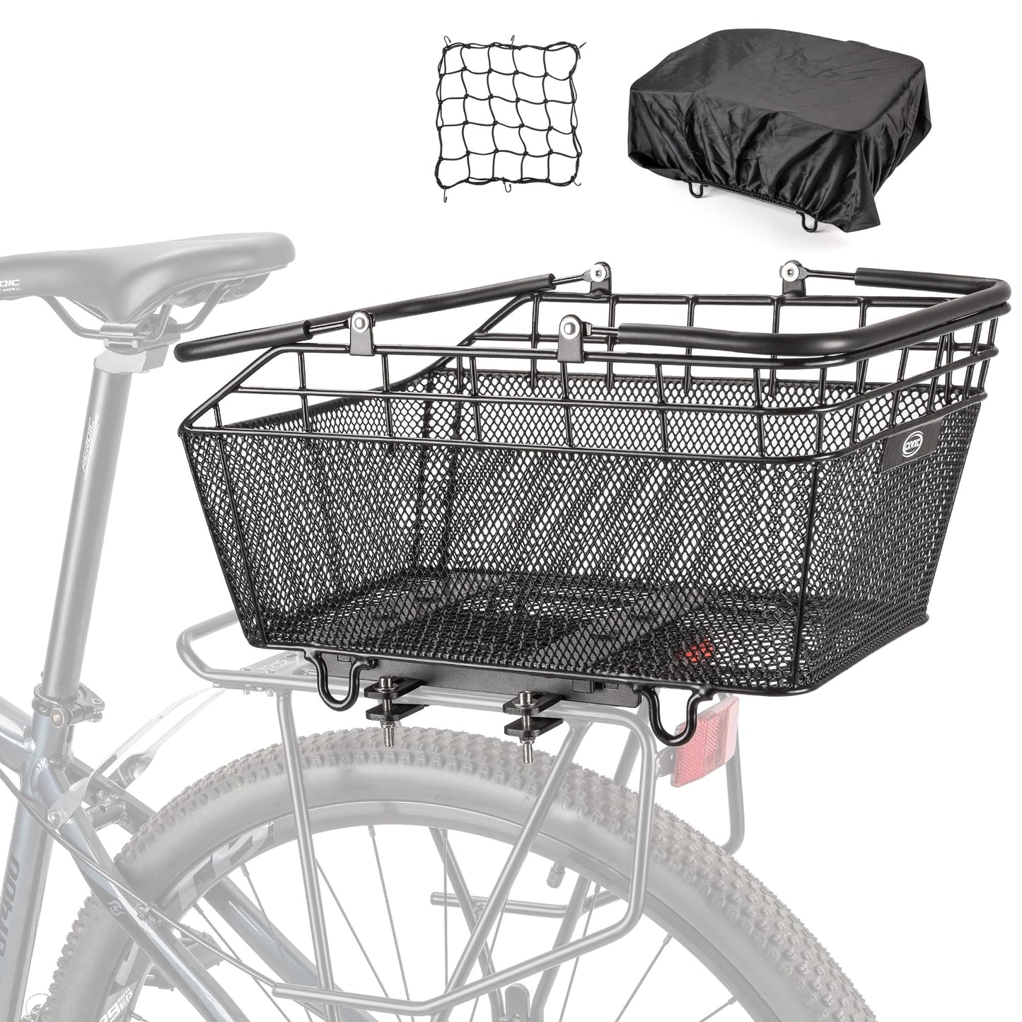 CXWXC Rear Bike Basket with Handle - Quick Release Bicycle Rear Basket with Cargo Net and Waterproof Cover, Wire Bike Baskets Rear Large Capacity (Wire Bike Basket)