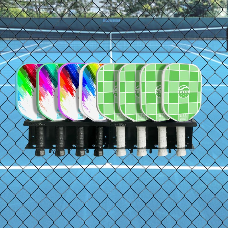 Pic-Ten 2PCS Pickleball Paddle Rack Holds 4 or 8 Paddles with Hooks Pickleball Storage Rack for Fence and Wall Pickleball Paddle Holder Outdoor No Installation Black
