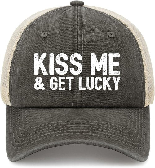Kiss Me and Get Lucky Hat - Funny Trucker Hat for Men | Perfect Birthday Gift Idea