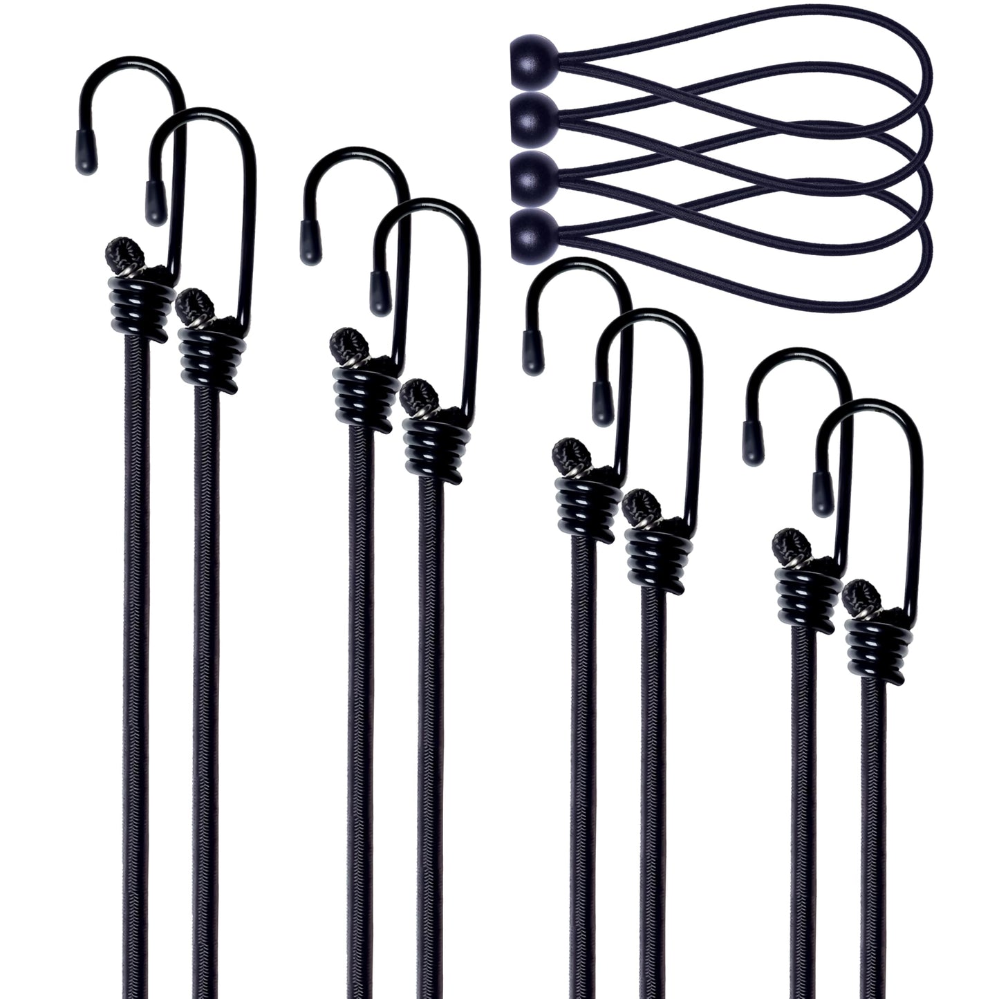 Yelier Bungee Cords with Hooks – 8pcs Bungee Cord (12", 18", 24", 36") + 4pcs 6" Ball Bungee Cords, No Irritating Odor, for Cargo, Camping, Outdoor, Tent (Black, 12" 18" 24" 36")