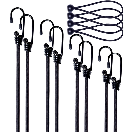 Yelier Bungee Cords with Hooks – 8pcs Bungee Cord (12", 18", 24", 36") + 4pcs 6" Ball Bungee Cords, No Irritating Odor, for Cargo, Camping, Outdoor, Tent (Black, 12" 18" 24" 36")