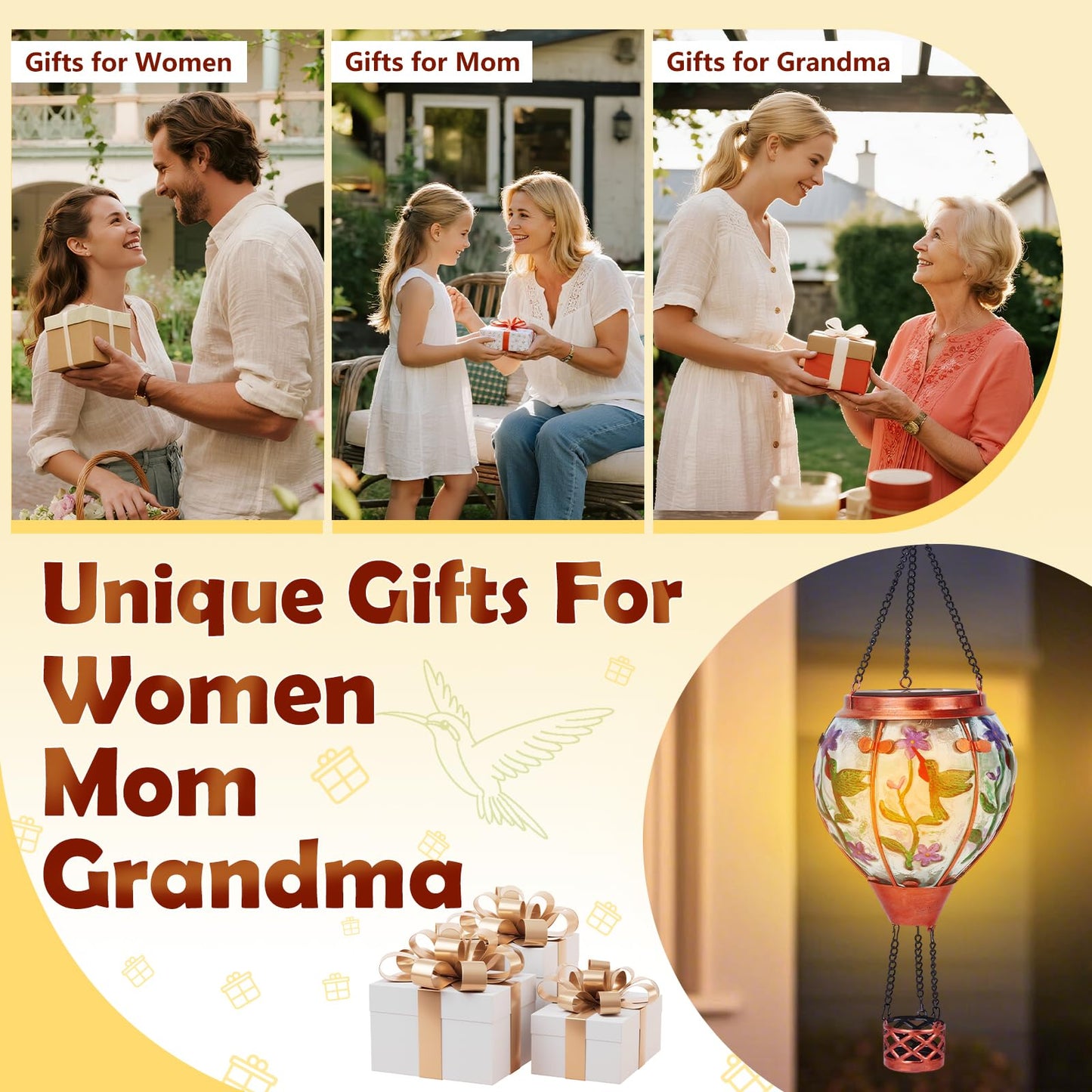 Hummingbird Solar Hot Air Balloon Lantern,Outdoor Decor with Flame Lights Waterproof, Hanging for Garden Yard Lawn Patio, Unique Gifts for Women Mom Grandma Gardener for Mother'Day Christmas