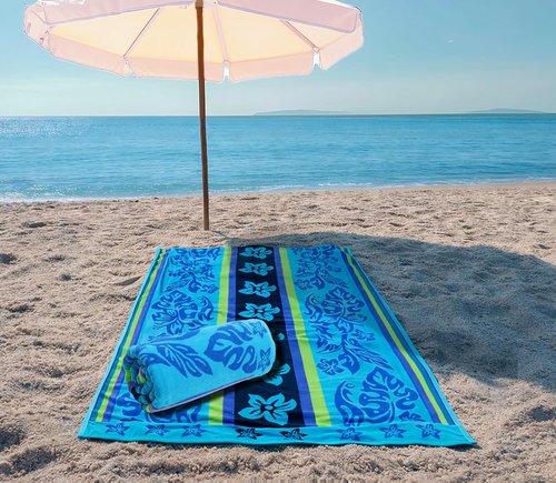 COTTON CRAFT Oversized Beach Towel - 2 Pack XL 39 x 68 Inches - Super Soft 100% Cotton Jacquard Velour - Tropical Hibiscus Aqua Blue & Purple