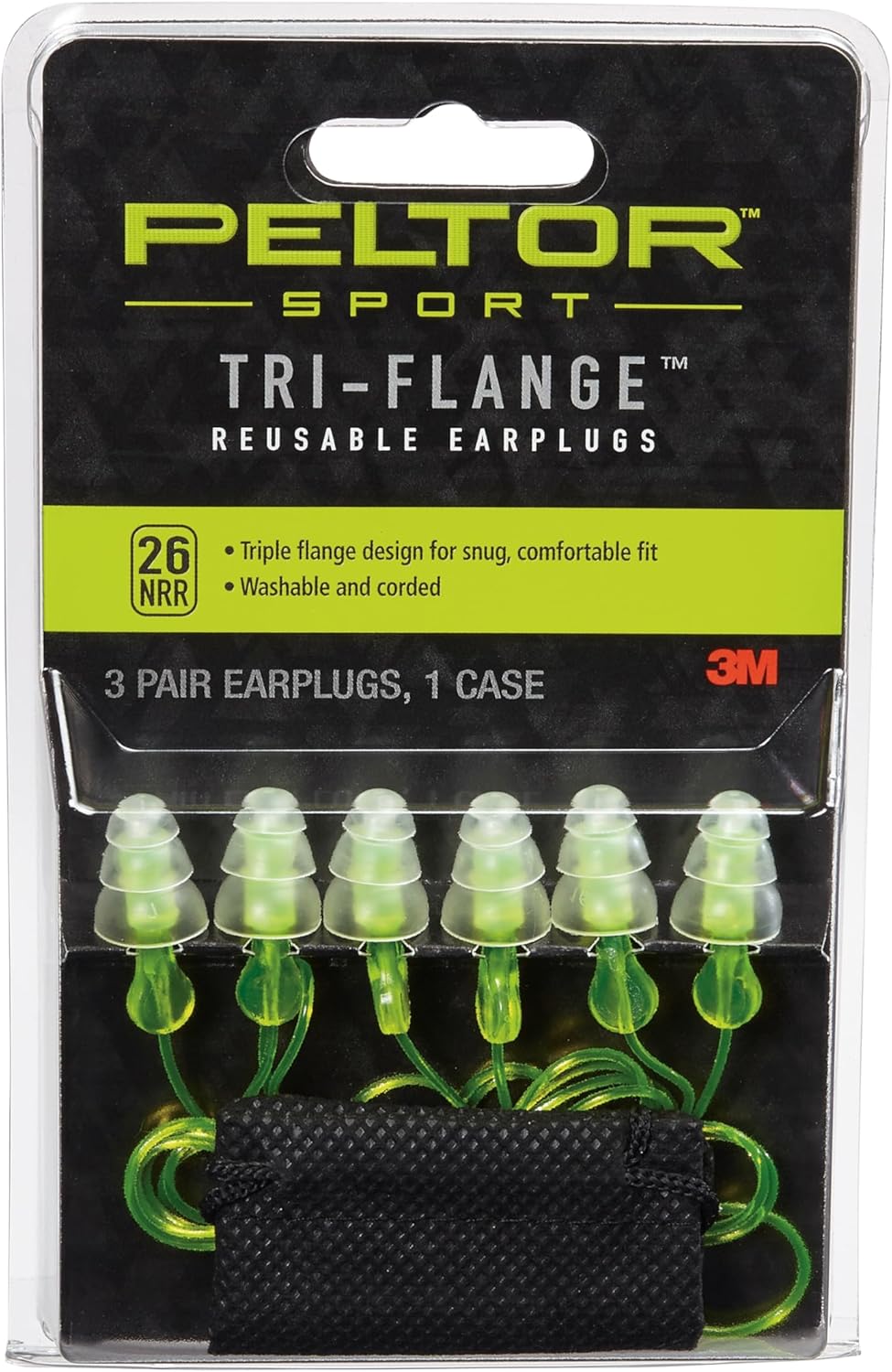 Peltor Sport Tri-Flange Earplugs - Reusable Noise Reduction (NRR 26 dB) | 3 Pairs, Comfortable Fit, Neon Yellow