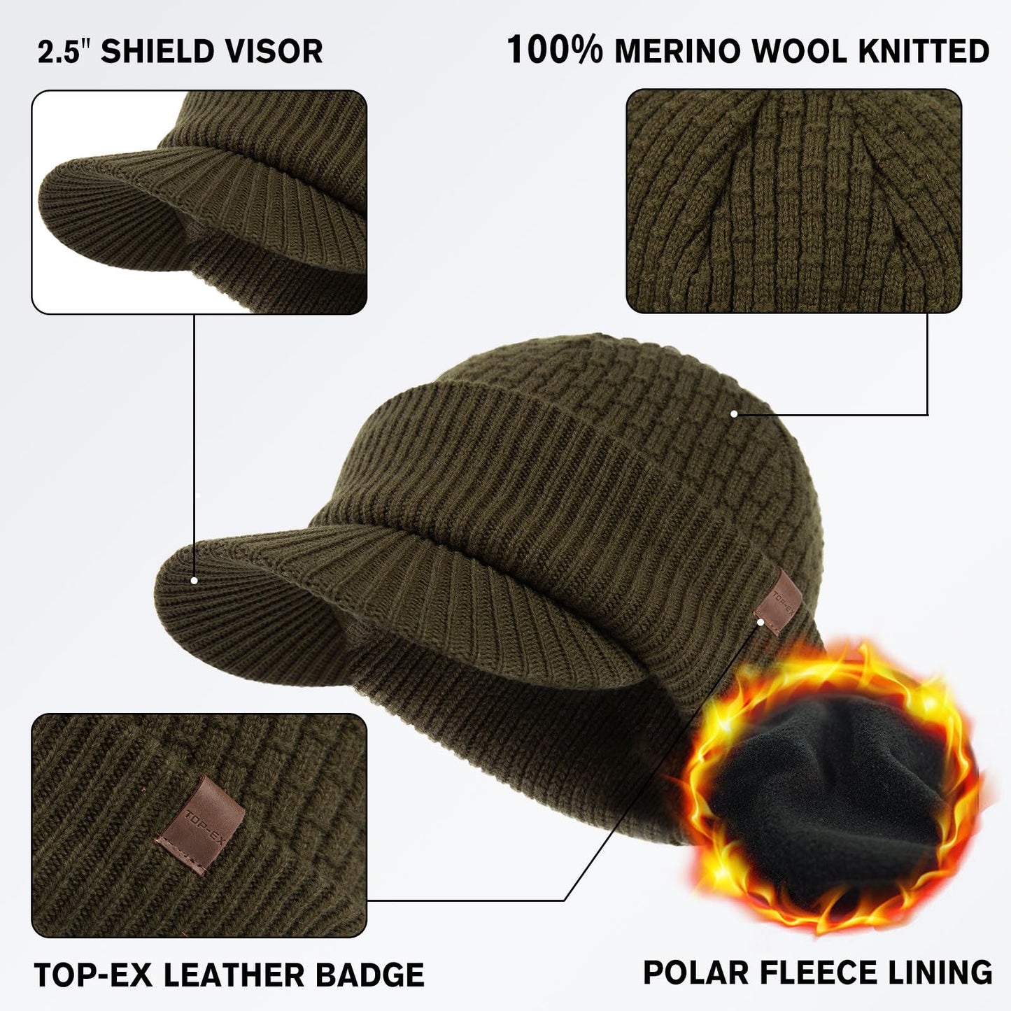 TOP-EX PolarWool™ 100% Merino Wool Winter Hat for Men Oversize Visor Beanie with Brim Fleece Lined Knit Cap for Cold Weather Hiking Skiing Big Head Green XL/XXL