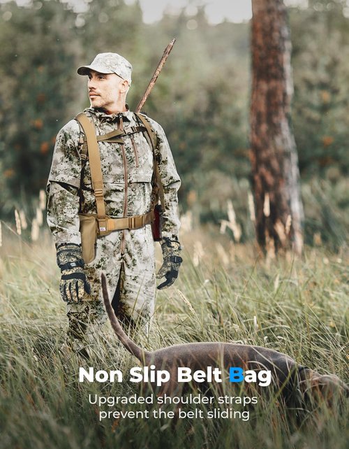 KEMIMOTO Tactical Hunting Belt, Quick Release Battle Belt for Men with Shoulder Strap, Breathable Design 4 Pouches to Carry Tools Accessories & Gear, Ideal for Hunting Fishing Dog Training (Brown)