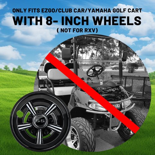Golf Cart SS Wheel Covers Hub Caps for EZGO, Club Car, Yamaha - 8 Inch Snap-on Installation, Black, Set of 4