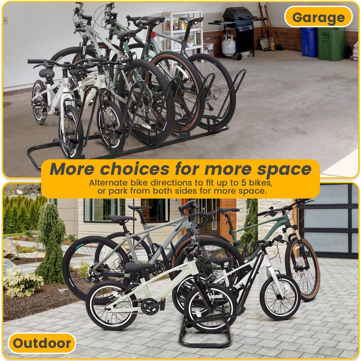 Kingarage Floor Bike Rack for 5 Bikes, Safeguard Disc Brakes & Derailleurs Design, Waterproof Bicycle Stand Indoor/Outdoor/Garage Use, Fits 12"-29" Tires, Upgraded 0.63" Steel Tubes for Stability