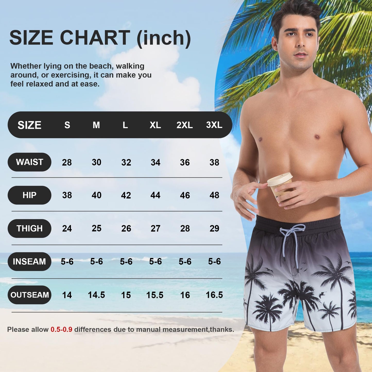 Mens Swim Trunks with Compression Liner, Mens Bathing Suit No-Chafing Swimming Trunks 5.5 Inch Inseam Gradient Black Palm Tree Board Shorts Swimwear, Beach Shorts Quick Dry with Zipper Pockets, L