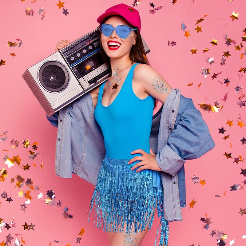 Womens Sequin Tassel Skirt Belly Dance Hip Scarf Sparkly Fringe Skirt Set with Heart Sunglasses and Face Glitter for Festival Rave Party Blue(3Pcs)