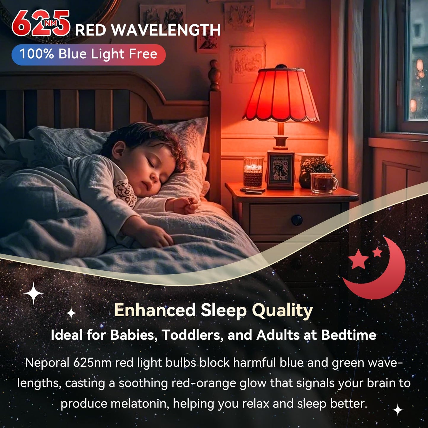 Neporal 625nm Red Light Bulb for Sleep, 100% Blue Light Blocking Light Bulb for Melatonin Promoting, A19 LED 9W 60W Equivalent Dim Red Night Light Bulb for Baby Nursery, Sleeping, Reading, 1-Pack