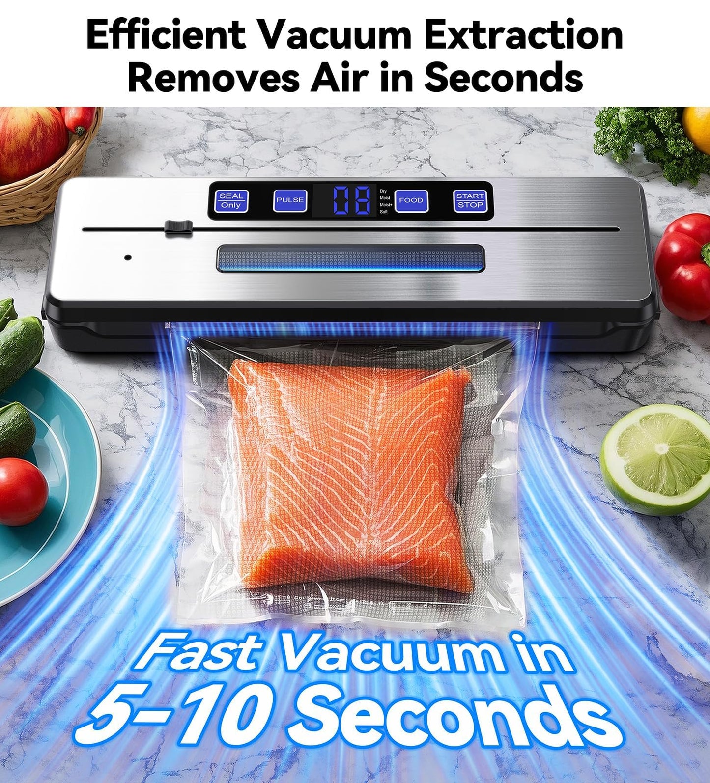 Flekzo Vacuum Sealer Machine for Food - Fast-Compact, Multi-Functional, Continuous Vacuuming, with External Vacuum System - For Meal Prep, Meat, Bulk Storage, Sliver Black