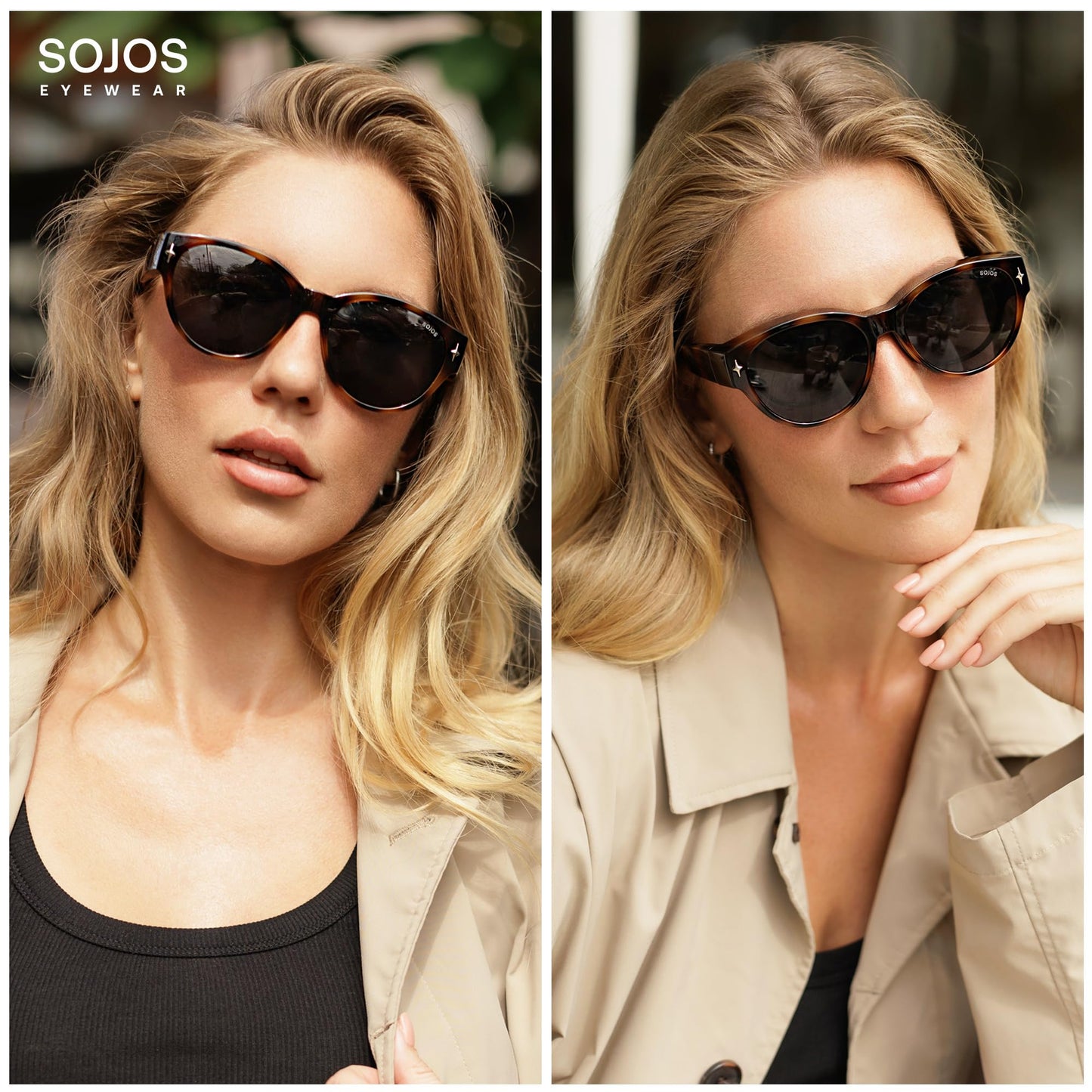 SOJOS Cat Eye Polarized Fit Over Glasses Sunglasses for Women, Trendy Cateye Wrap Around Shades for Women SJ2658, Dark Beige Frame/Grey Lens