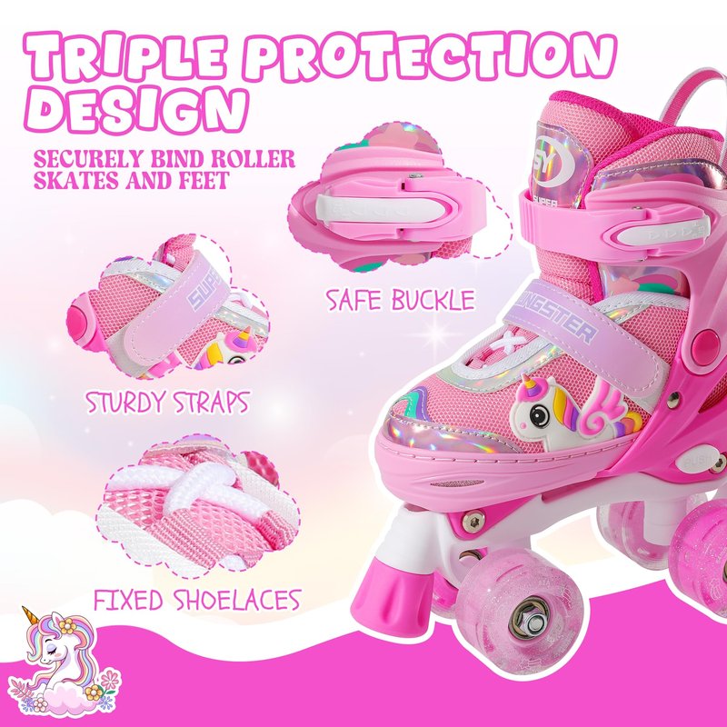 SUPER YOUNGSTER Adjustable Light Up Kids Unicorn Roller Skates for Girls Ages 4-6 5-8 8-12，Toddlers Beginner Cat Roller Skates