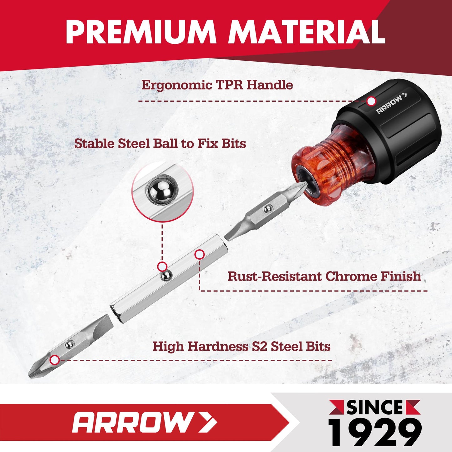 ARROW 5-in-1 Stubby Screwdriver, Multi-Bit Screw Driver & Nut Driver, Premium S2 Steel, Comfortable Grip, with Phillips, Slotted, Hex Socket, for Tight Spaces and Various Screw Tasks