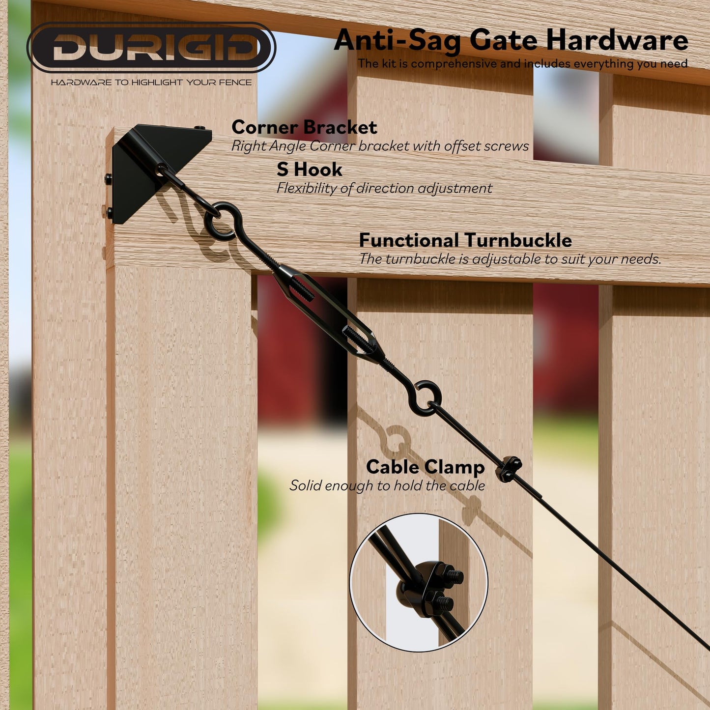 DURIGID Anti Sag Gate Kit Corner Bracket Gate Hardware Prevents Gate Prevents Gate Sagging, Gate Anti Sag Kit for Wooden Fence Features Steel Cable and Adjustable Turnbuckle to Support, Black, 1 Pack