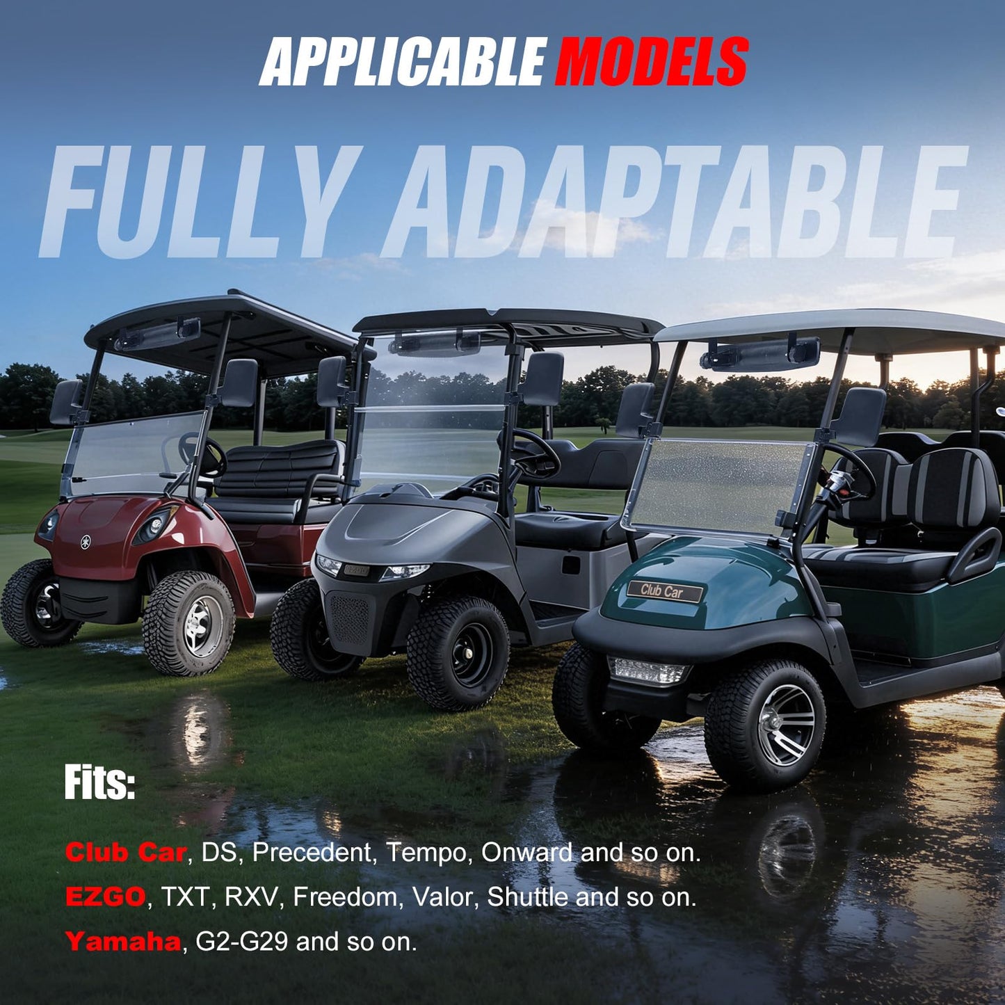 CASISPRO Universal Golf Cart Mirrors, No Drilling HD Shatterproof Glass Mirrors for EZGO Club Car Yamaha, Golf Cart Side Mirror & Rear View Mirror Kit, 180° Rotation, No Blind Spots