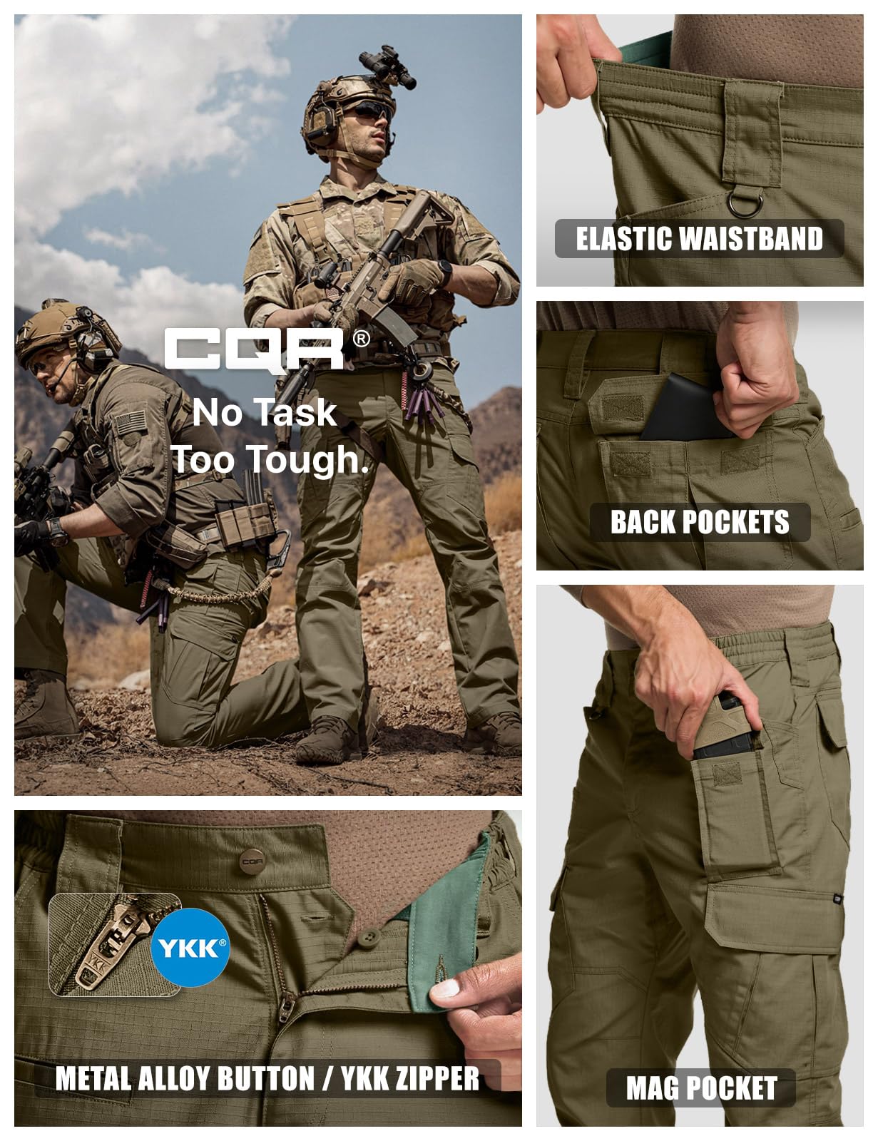 CQR Men's Tactical Pants, Water Resistant Ripstop Cargo Pants, Lightweight EDC Work Hiking Pants, Outdoor Apparel, Raider Mag Soil Green, 36W x 32L