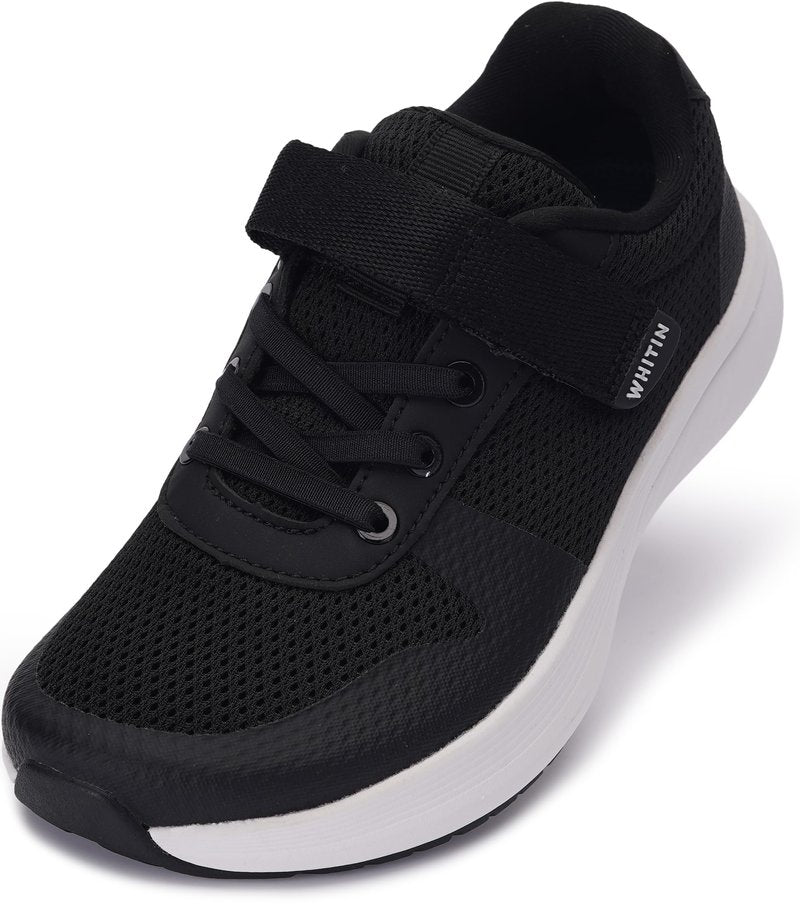WHITIN Kids Wide Toe Box Running Shoes for Boys Girls Tennis Athletic Zero Drop Sneakers Size 3 Width Gym Sports Barefoot Breathable Youth Walking Black White 36