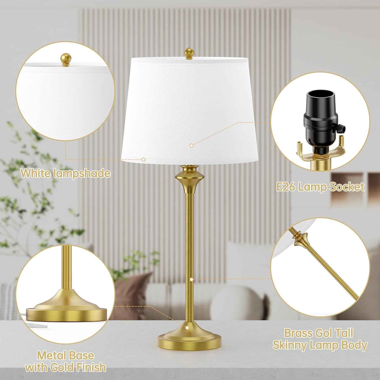 Brass Gold Table Lamps Set of 2 - 26" Modern Buffet & Nightstand Lamps for Living Room, Bedroom, Office