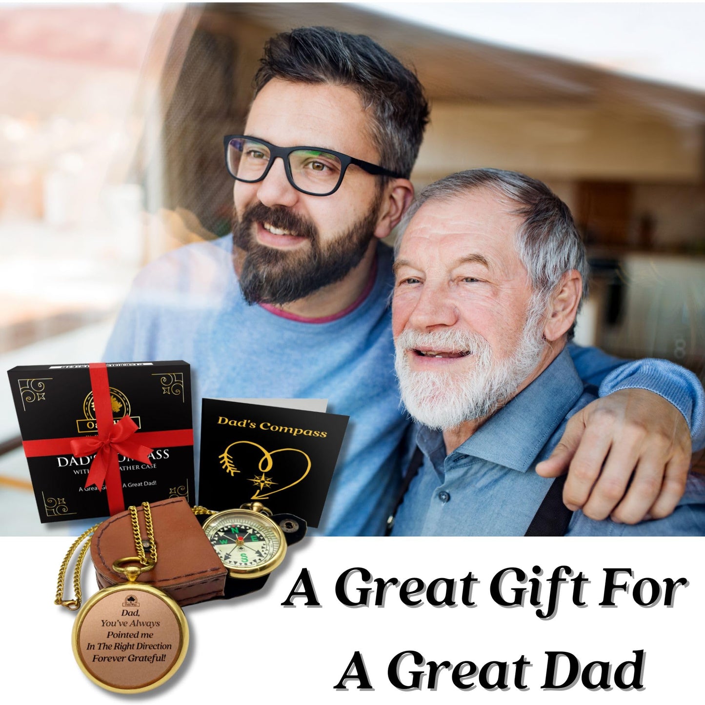 Dad's Compass Gift - Pocket Watch Compass with Chain & Leather Case - Birthday Gifts for Dad from Daughter Or Son, Christmas Daddy Gift Ideas, for Father Who Wants Nothing, Bday Dad Gifts