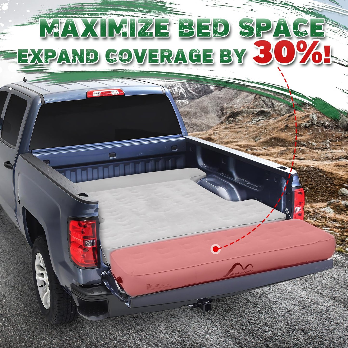 Sokeface Truck Bed Mattress 5.5-5.8ft for Full Size Pickup, Brown Truck Bed Air Mattress Fit for F150 Silverado, Leak-Resistant Camping, Electric Pump, Heavy-Duty, Easy Setup, Large Carry Bag