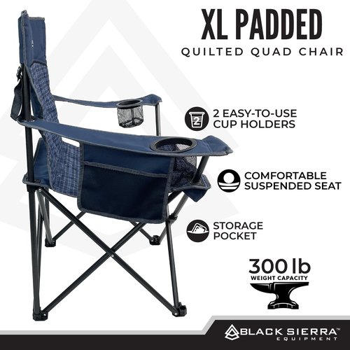 Black Sierra Oversized Camping Folding Chair, Heavy Duty Outdoor Seat Supports 300 lbs with Steel Frame, Collapsible Quilted Padded Plaid Camp Bag Chair for Tailgating, Sports Games Patio