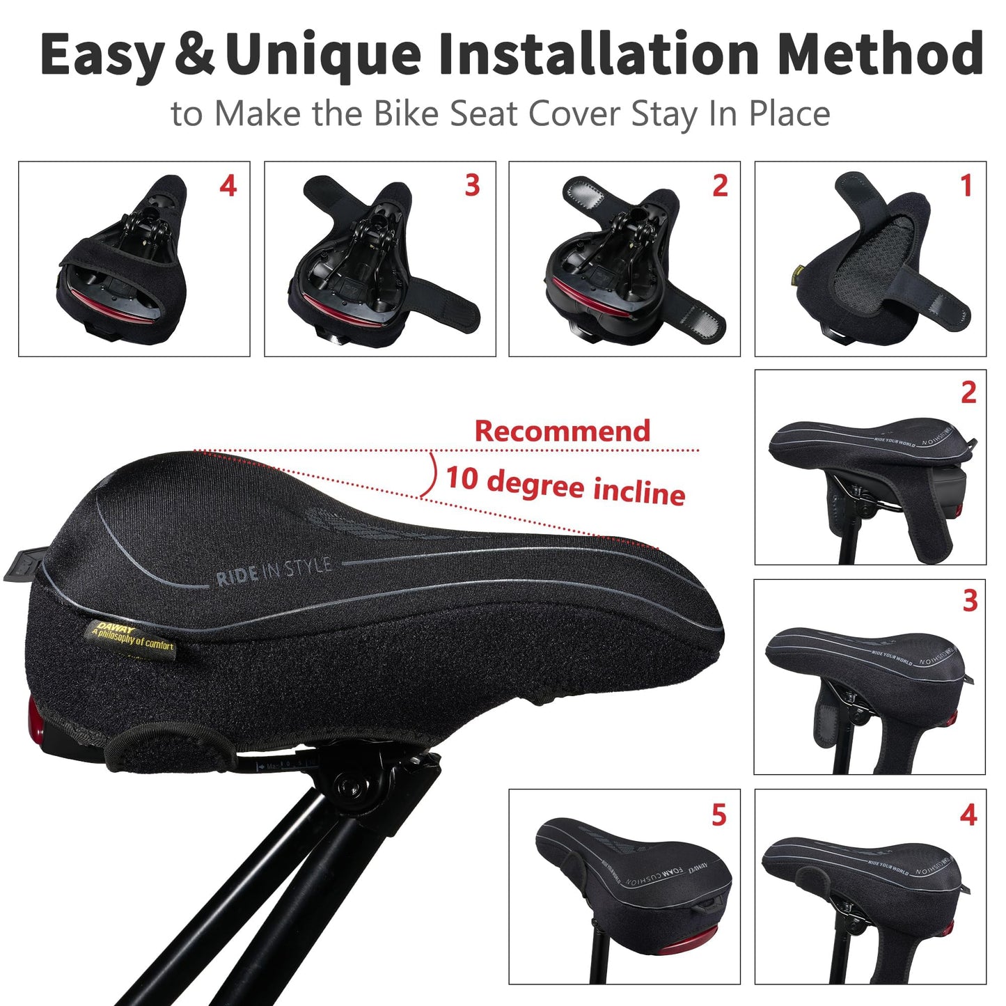 DAWAY C7 Comfortable Narrow Bike Seat Cover - Soft Memory Foam Padded Exercise Bicycle Seat Cushion for Men Women Kids, Fits for Peloton, Stationary, Mountain Road Bike Saddle, 11 x 8 Inches