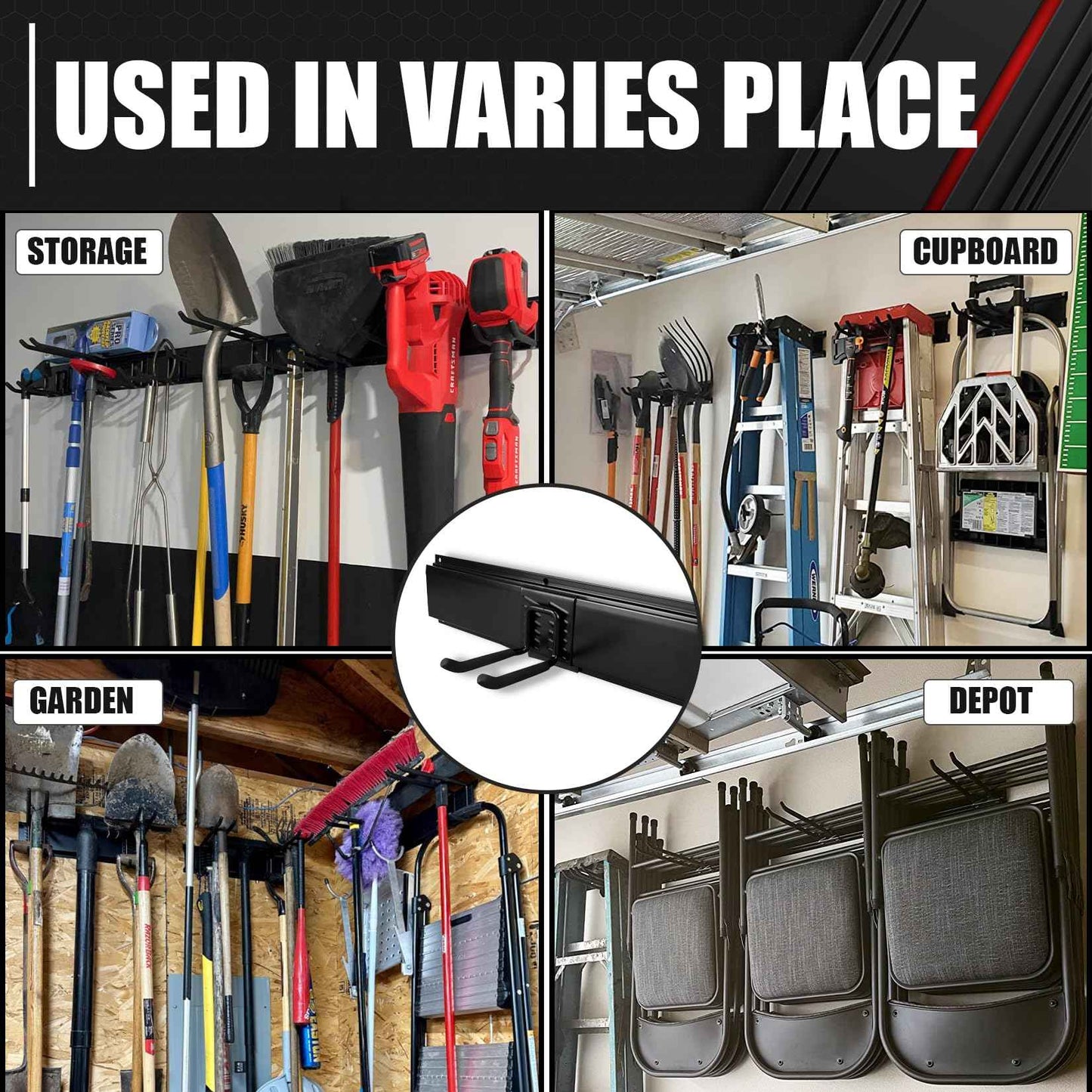 48In Garage Storage, Garage Tool Organization Wall Mount, Tool Organizer, Wall Mount Tool Storage Rack, Garage Garden Tool Organizer with 3 Rails and 7 Hooks, Hold Up to 440lbs, Include Torpedo level