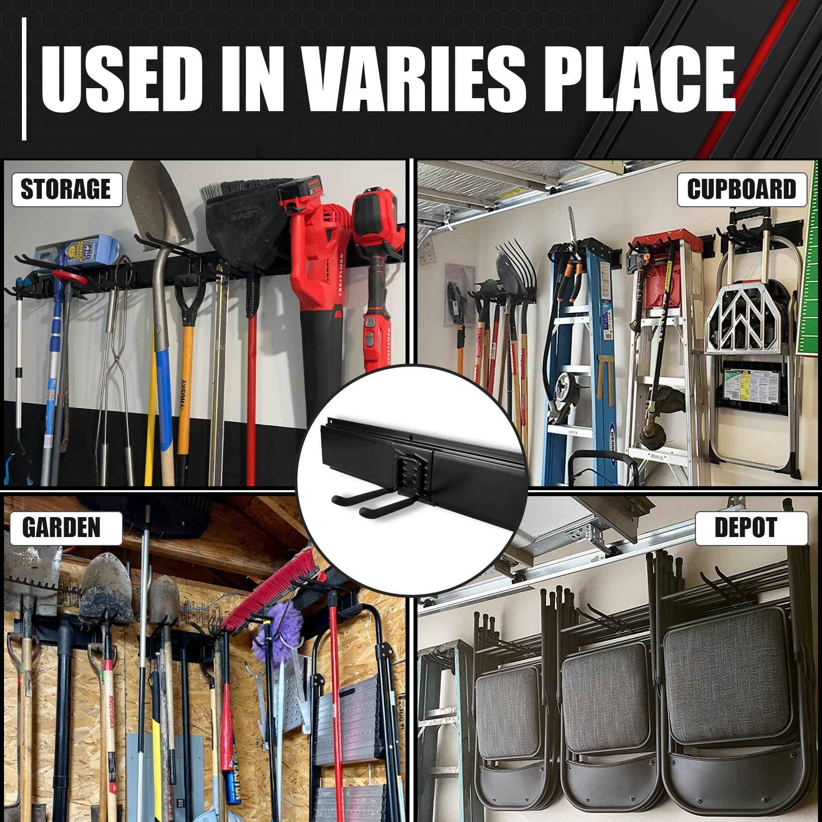 48In Garage Storage, Garage Tool Organization Wall Mount, Tool Organizer, Wall Mount Tool Storage Rack, Garage Garden Tool Organizer with 3 Rails and 7 Hooks, Hold Up to 440lbs, Include Torpedo level