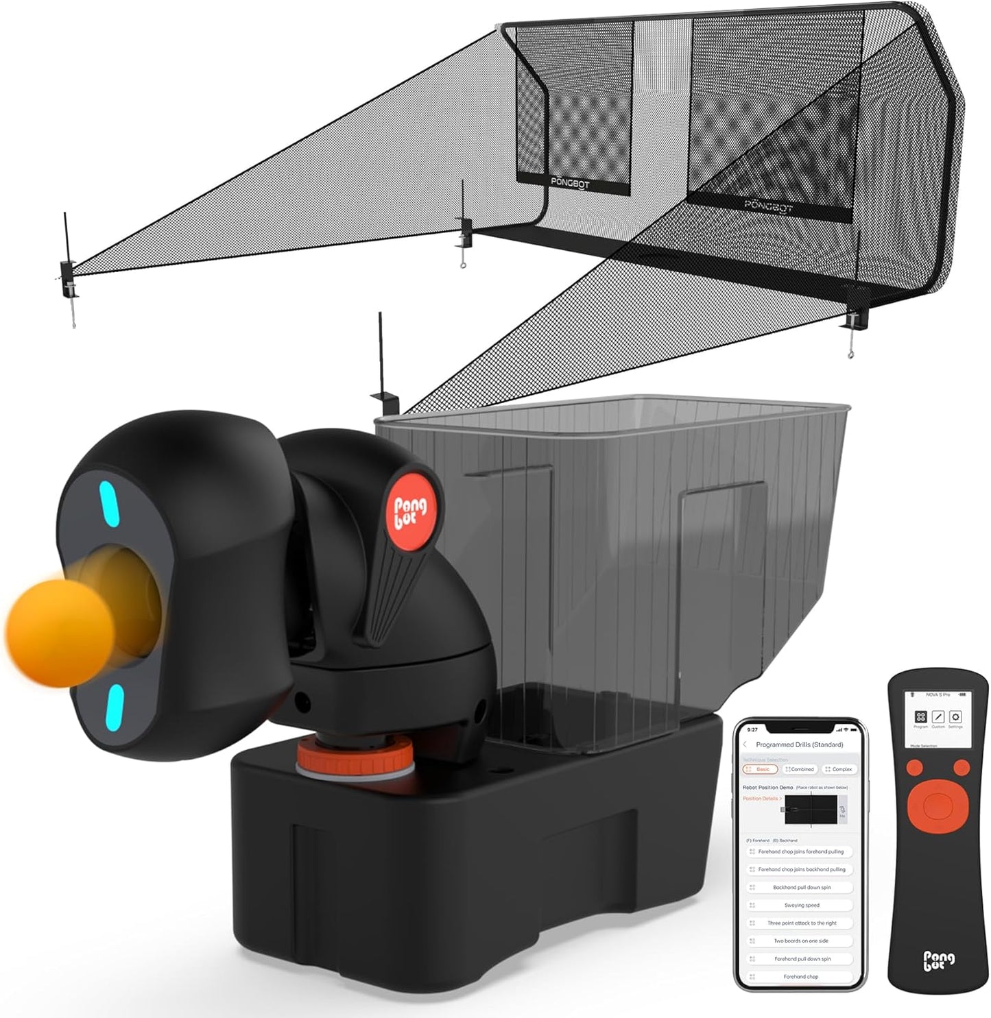 PONGBOT Table Tennis Robot - Remote/App Control with 264 Pre-Saved Drills & Customization Options