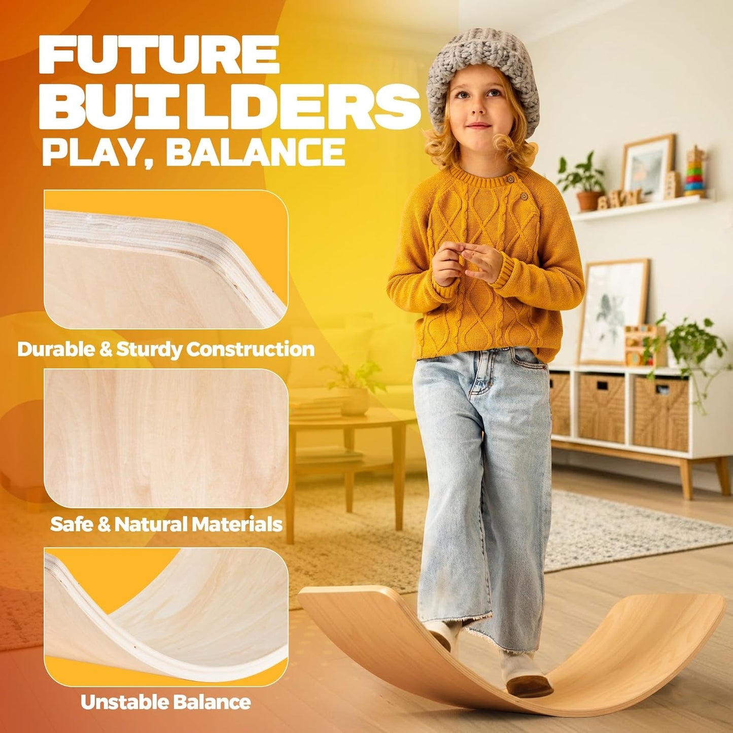 Skiennix Wooden Wobble Board - Kids Slack Board for Indoor Play & Balance Training | Curvy Rocker for Yoga & Exercise