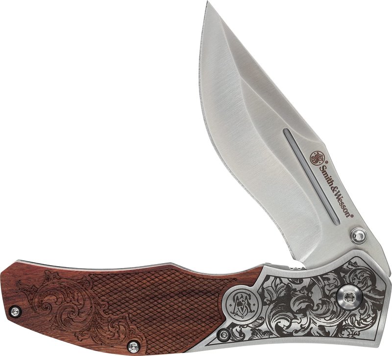 Smith & Wesson Accessories Smith & Wesson Unwavered Folder Featuring Engraved Rosewood Handle, Drop Point Blade, and 8Cr13MoV Stainless Steel