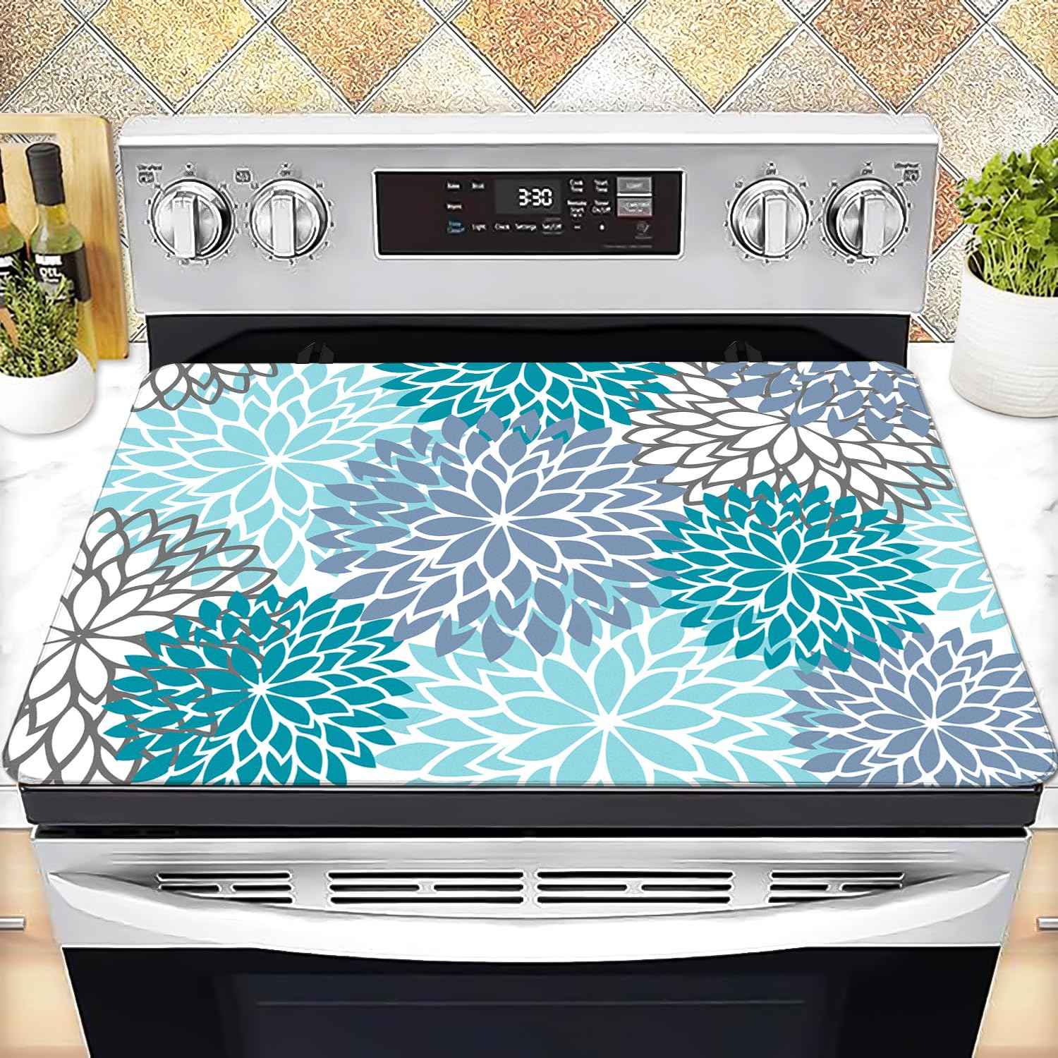 Stove Top Cover for Electric Stove 28 "x 20 ", Teal Bule Flora Heat Resistant Glass Top Stove Cover Protector, Glass Cooktop Covers, Kitchen Flat Stove Top Covers for Electric Stove