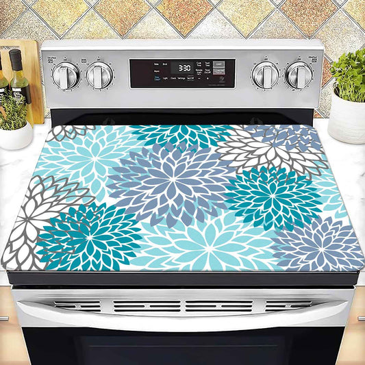 Stove Top Cover for Electric Stove 28 "x 20 ", Teal Bule Flora Heat Resistant Glass Top Stove Cover Protector, Glass Cooktop Covers, Kitchen Flat Stove Top Covers for Electric Stove