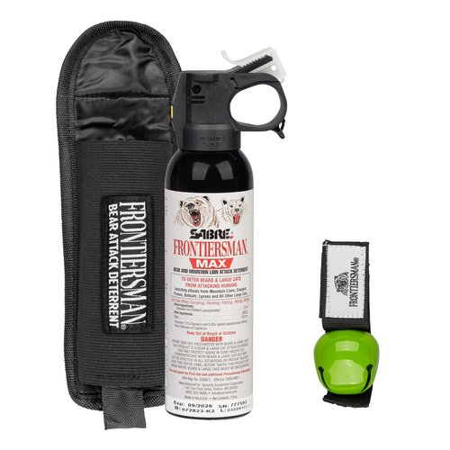 SABRE Frontiersman MAX Bear Spray Kit – 7.9 oz Bear & Mountain Lion Deterrent, Belt Holster, Bell, 40 ft Range, 2% Capsaicinoids, Glow Safety, Eco-Friendly, Hiking, Camping