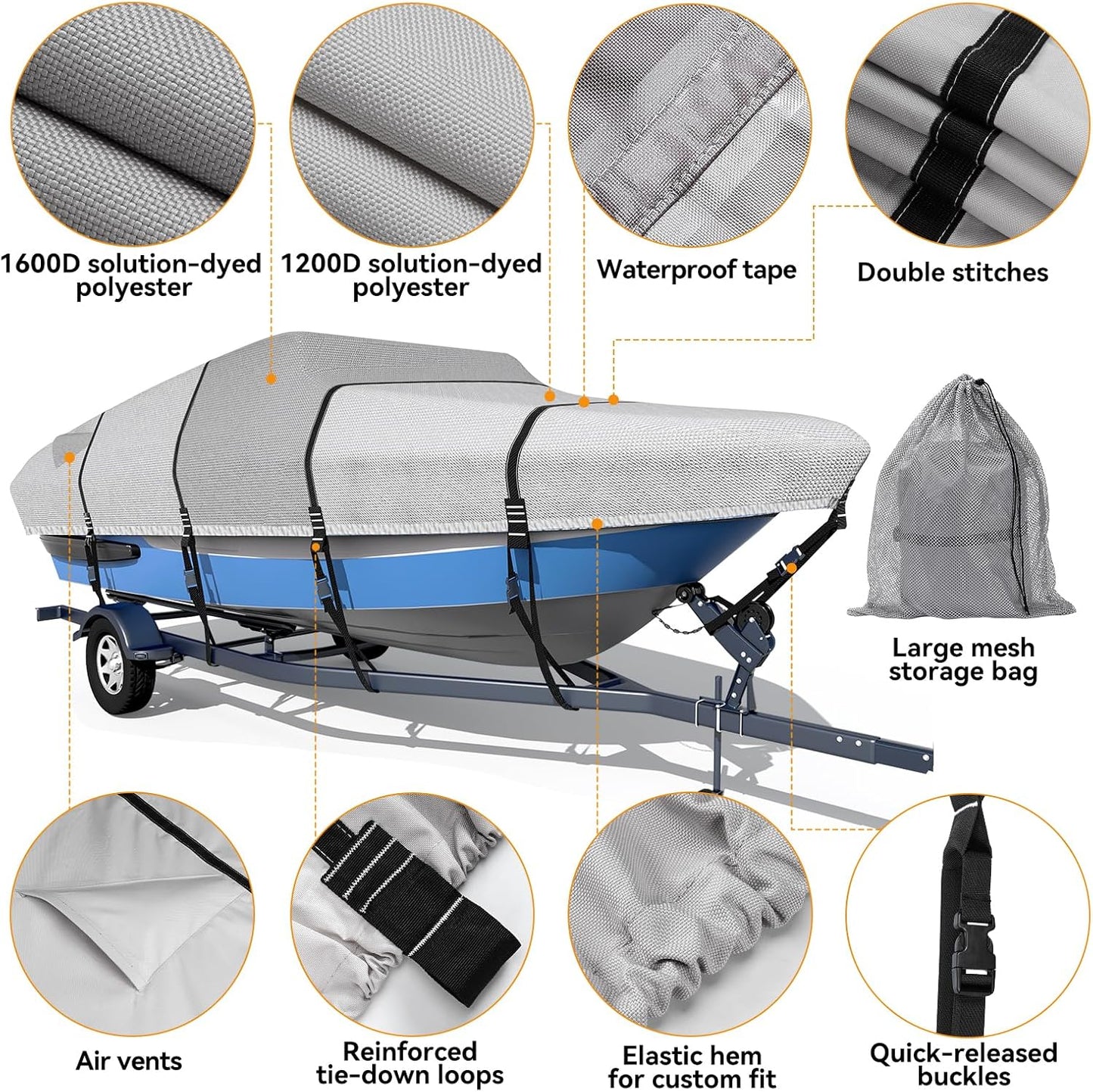 1600D + 1200D Boat Cover - Ultra Durable Waterproof Protection for 16-18.5ft Boats | Includes Storage Bag